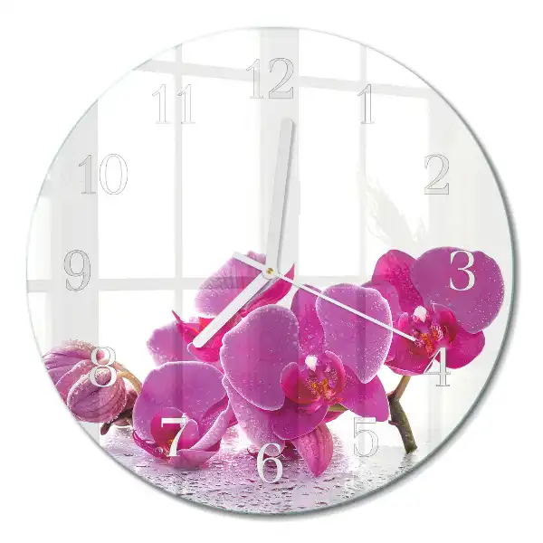 Kulaté skleněné hodiny na stěnu Orchidej