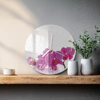 Kulaté skleněné hodiny na stěnu Orchidej
