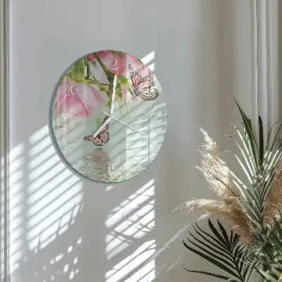 Hodiny na skle kulaté Motýli