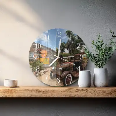 Kulaté skleněné hodiny na zeď Staré auto