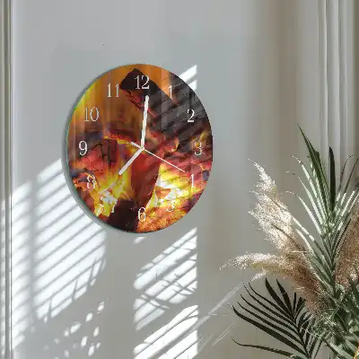 Kulaté skleněné hodiny na stěnu Oheň