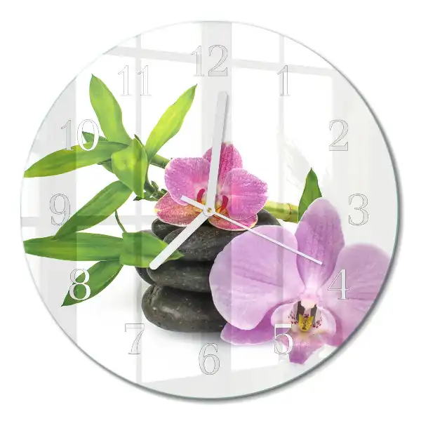 Kulaté skleněné hodiny na zeď Orchidej