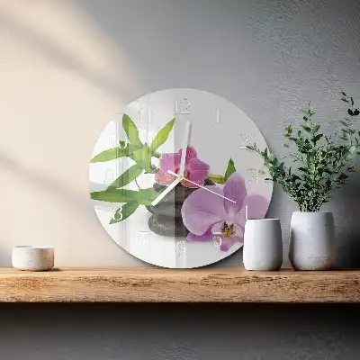 Kulaté skleněné hodiny na zeď Orchidej