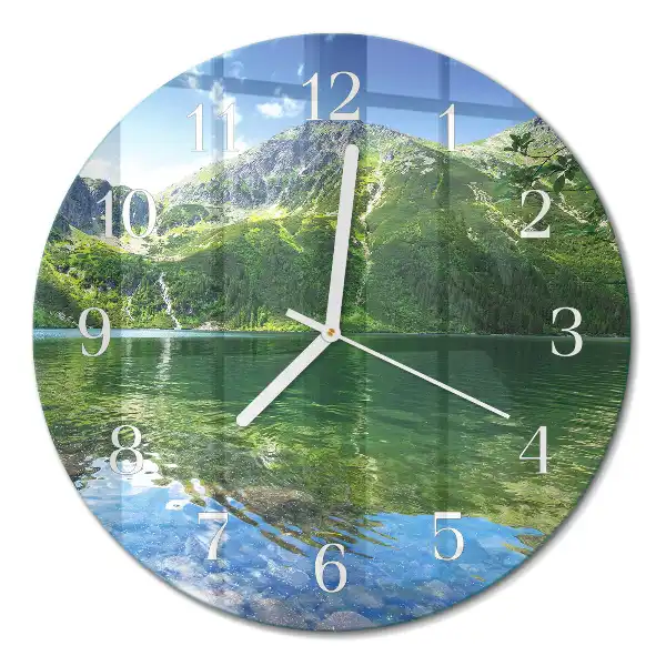 Kulaté skleněné hodiny na zeď Horské jezero