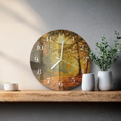 Hodiny s fotkou skleněné kulaté Podzim v lese