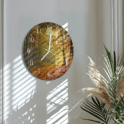 Hodiny s fotkou skleněné kulaté Podzim v lese
