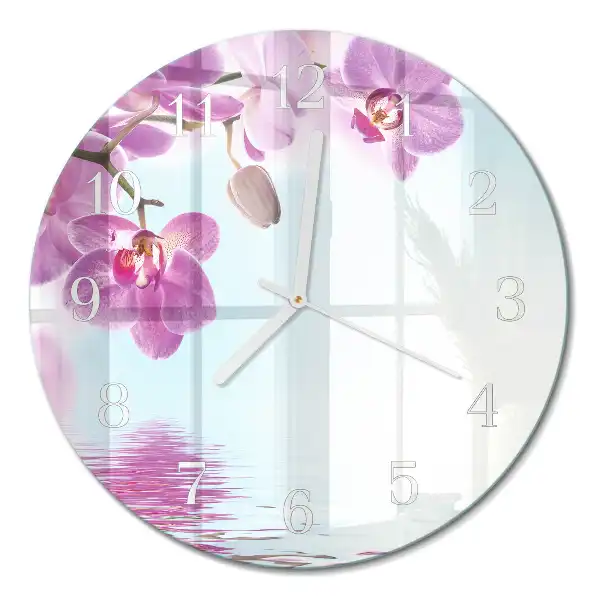 Kulaté skleněné hodiny na zeď Orchidej