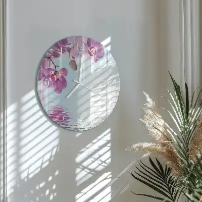 Kulaté skleněné hodiny na zeď Orchidej