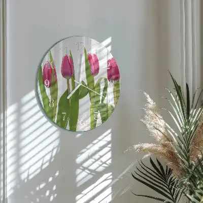 Hodiny na skle kulaté Tulipány