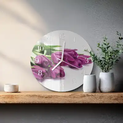 Nástěnné hodiny skleněné kulaté Tulipány