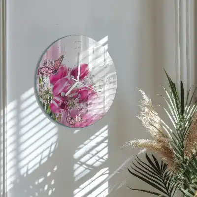 Kulaté skleněné hodiny na stěnu Motýl