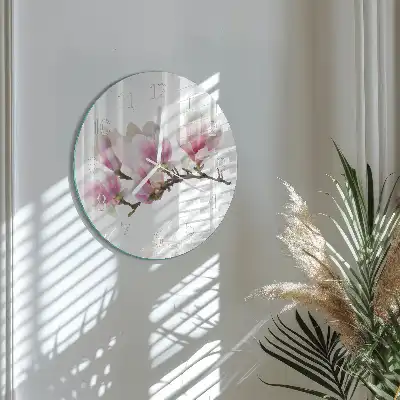 Hodiny s fotkou skleněné kulaté Magnólie
