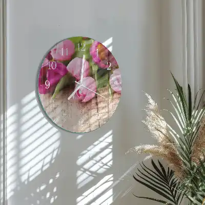 Nástěnné hodiny skleněné kulaté Tulipány