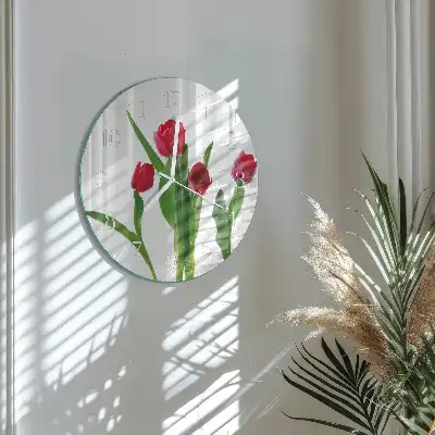 Kulaté skleněné hodiny na zeď Tulipány