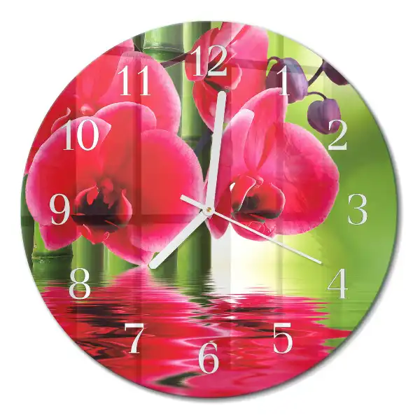 Kulaté skleněné hodiny na zeď Orchidej
