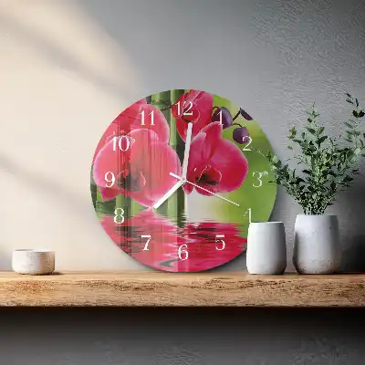 Kulaté skleněné hodiny na zeď Orchidej