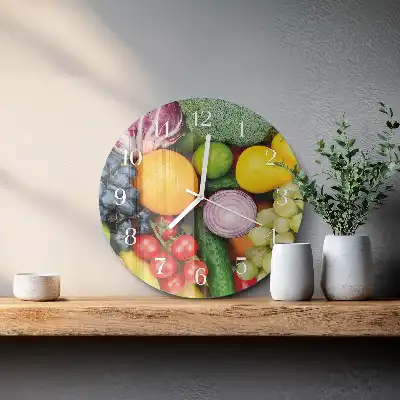 Kulaté skleněné hodiny na stěnu Ovoce a zelenina