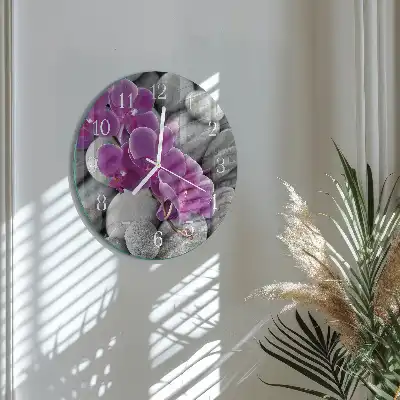 Hodiny na skle kulaté Kameny a orchidej