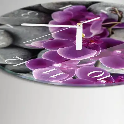 Hodiny na skle kulaté Kameny a orchidej