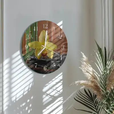 Kulaté skleněné hodiny na stěnu Bambusová orchidej