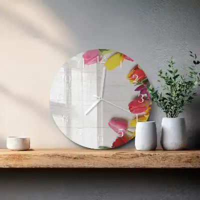 Kulaté skleněné hodiny na stěnu Tulipány