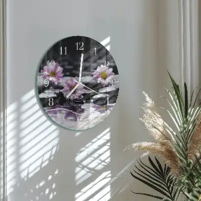Hodiny na skle kulaté Květiny