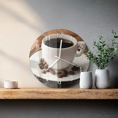 Kulaté skleněné hodiny na stěnu Káva