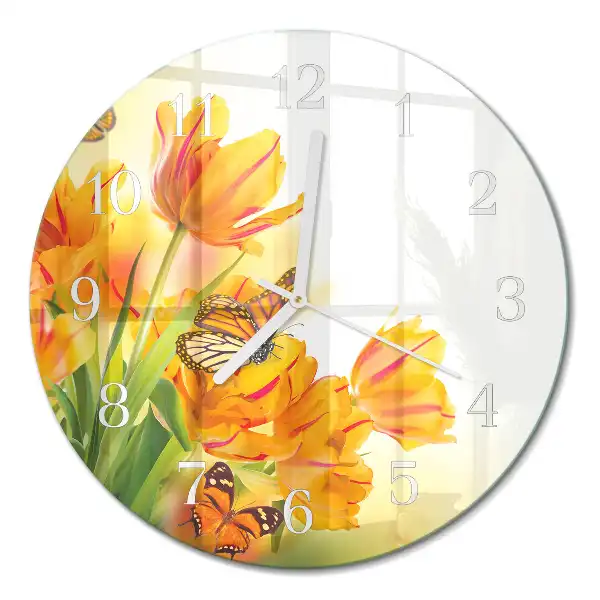 Kulaté skleněné hodiny na stěnu Tulipány