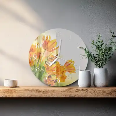 Kulaté skleněné hodiny na stěnu Tulipány