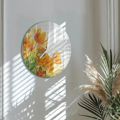 Kulaté skleněné hodiny na stěnu Tulipány