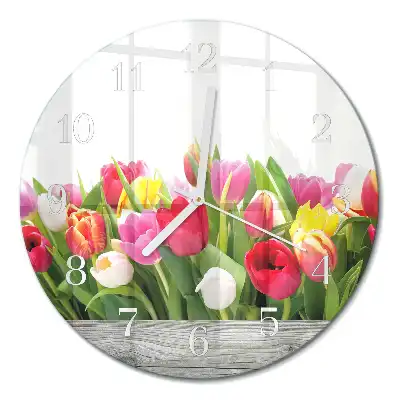 Kulaté skleněné hodiny na zeď Tulipány