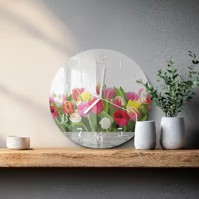 Kulaté skleněné hodiny na zeď Tulipány