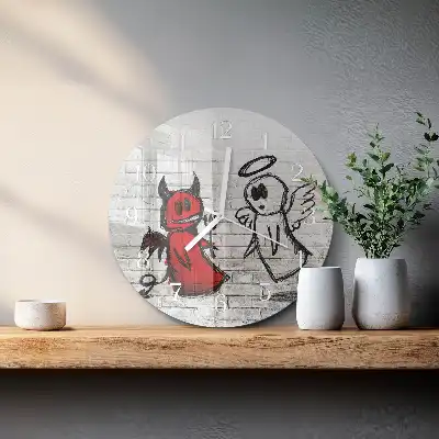 Kulaté skleněné hodiny na stěnu Anděl Ďábel