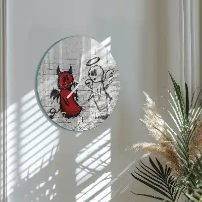 Kulaté skleněné hodiny na stěnu Anděl Ďábel