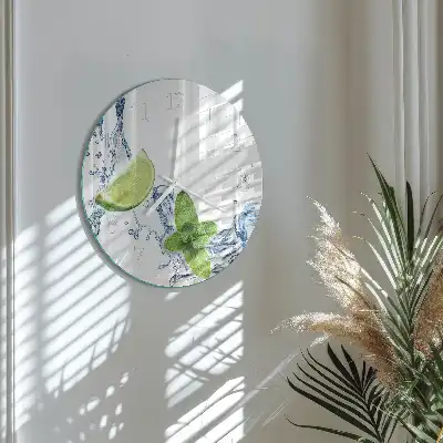 Nástěnné hodiny skleněné kulaté Máta s limetkou