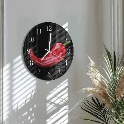 Kulaté skleněné hodiny na zeď Chilli papričky