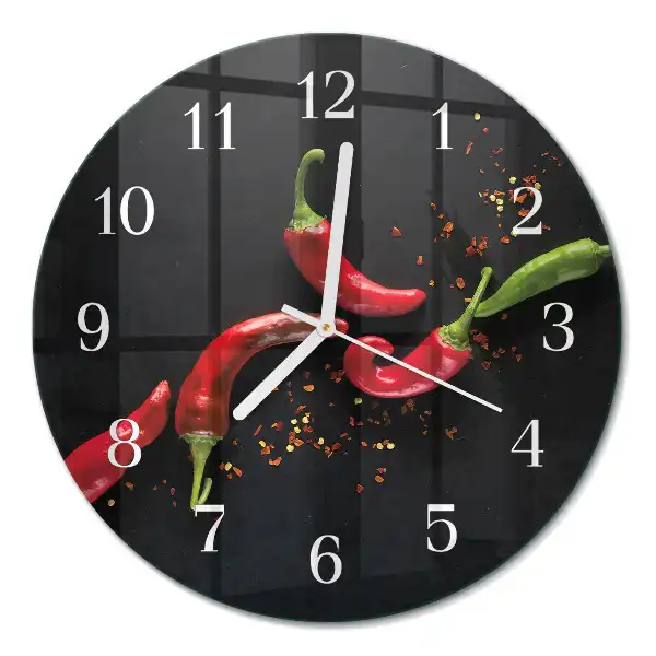 Kulaté skleněné hodiny na zeď Chilli papričky