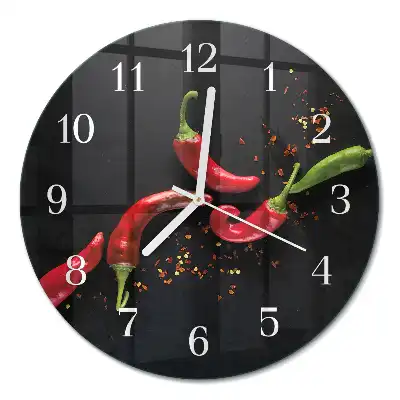 Kulaté skleněné hodiny na zeď Chilli papričky