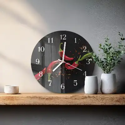 Kulaté skleněné hodiny na zeď Chilli papričky