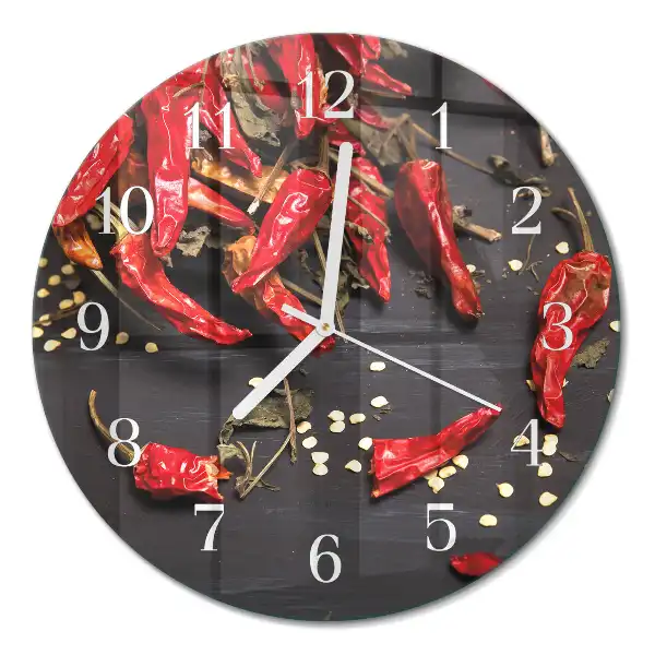 Kulaté skleněné hodiny na zeď Chilli papričky