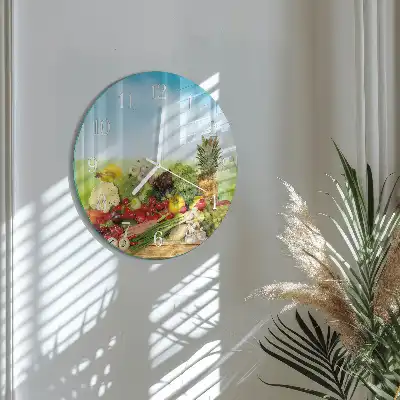 Kulaté skleněné hodiny na zeď Zelenina Ovoce