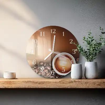 Kulaté skleněné hodiny na stěnu Káva