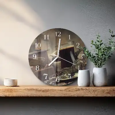 Kulaté skleněné hodiny na zeď Káva