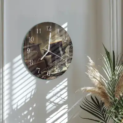 Kulaté skleněné hodiny na zeď Káva