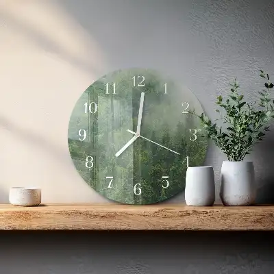 Kulaté skleněné hodiny na stěnu Mlžný les