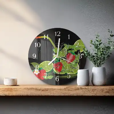 Hodiny s fotkou skleněné kulaté Jahoda a limetka