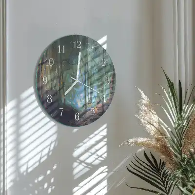 Nástěnné hodiny skleněné kulaté Mystický les