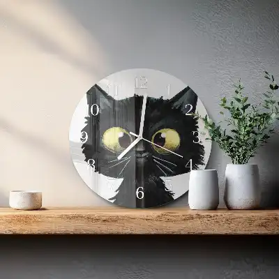 Kulaté skleněné hodiny na zeď Černá kočka