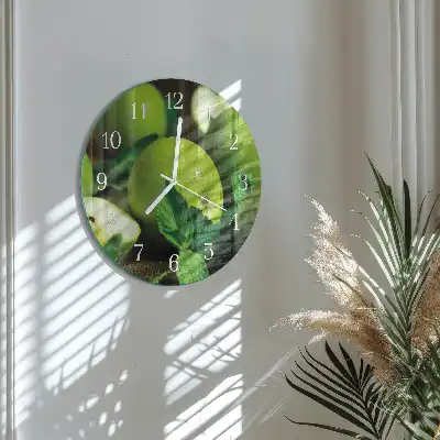 Kulaté skleněné hodiny na stěnu Zelená jablka