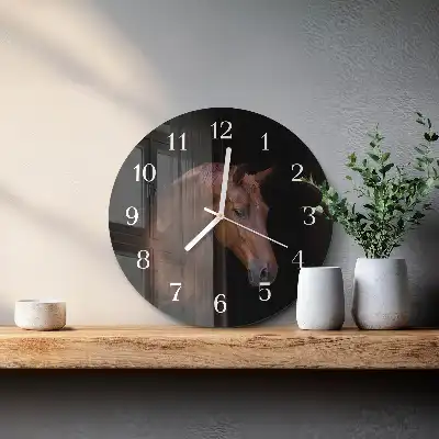 Kulaté skleněné hodiny na stěnu Kůň